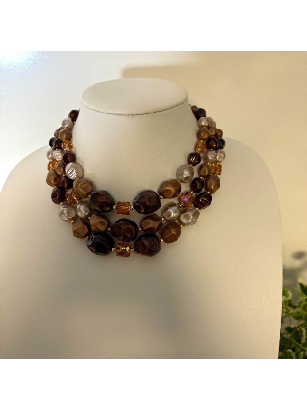 Vintage Multi-Strand Brown Beaded Necklace Gold Accents Statement Jewelry Japan